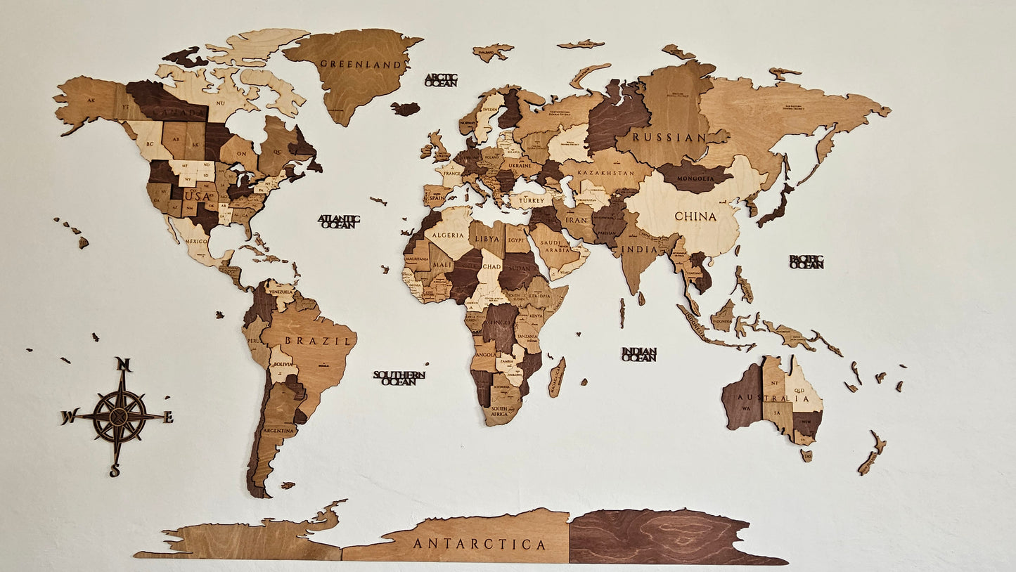 WoodWorld 3D – Handgefertigte Weltkarte aus Pappelsperrholz