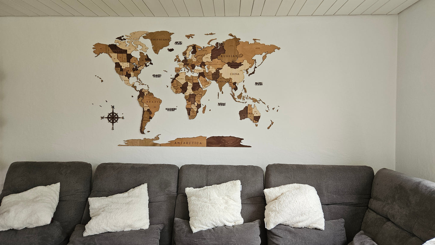WoodWorld 3D – Handgefertigte Weltkarte aus Pappelsperrholz