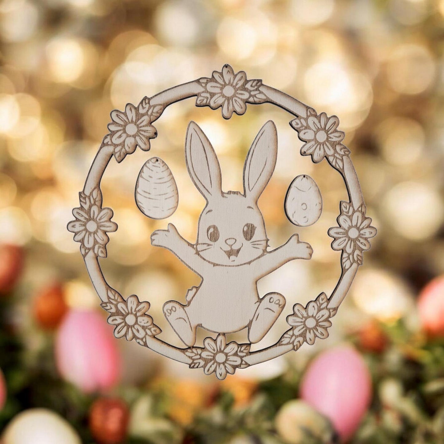 Décoration de Pâques à suspendre "Lièvre dans une couronne de fleurs"